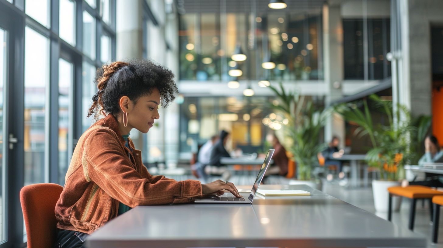A person working on a laptop in a modern office.