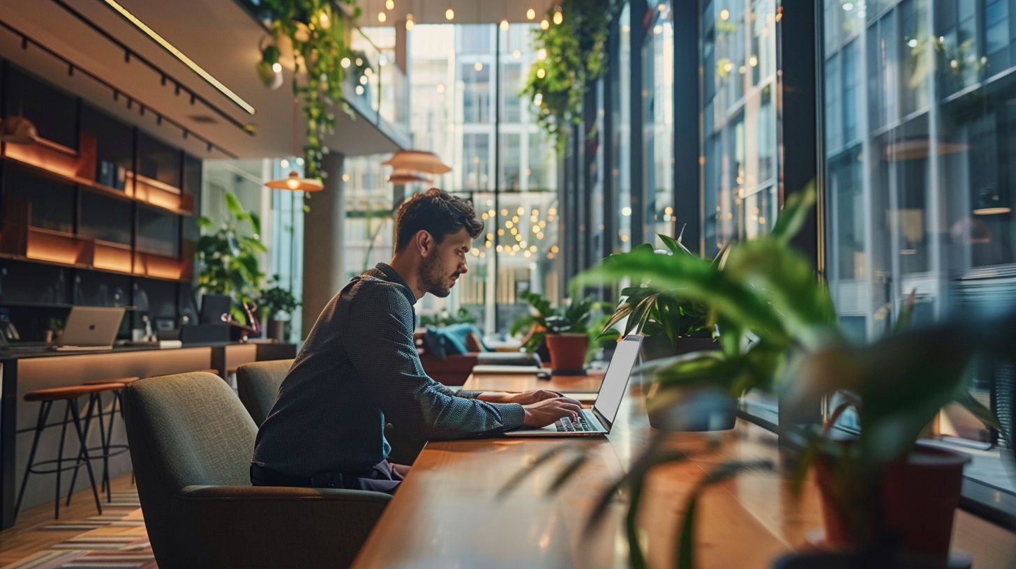 A person working on a laptop in a modern office.