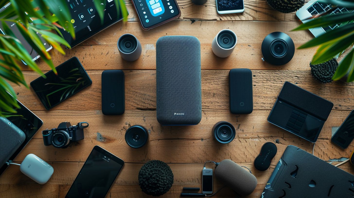 A modern smart speaker surrounded by digital devices, captured with a drone. A modern smart speaker surrounded by digital devices, captured with a drone.