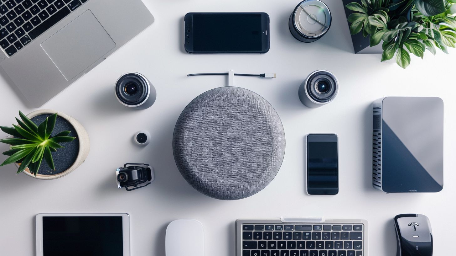 A modern smart speaker surrounded by digital devices, captured with a drone. A modern smart speaker surrounded by digital devices, captured with a drone.
