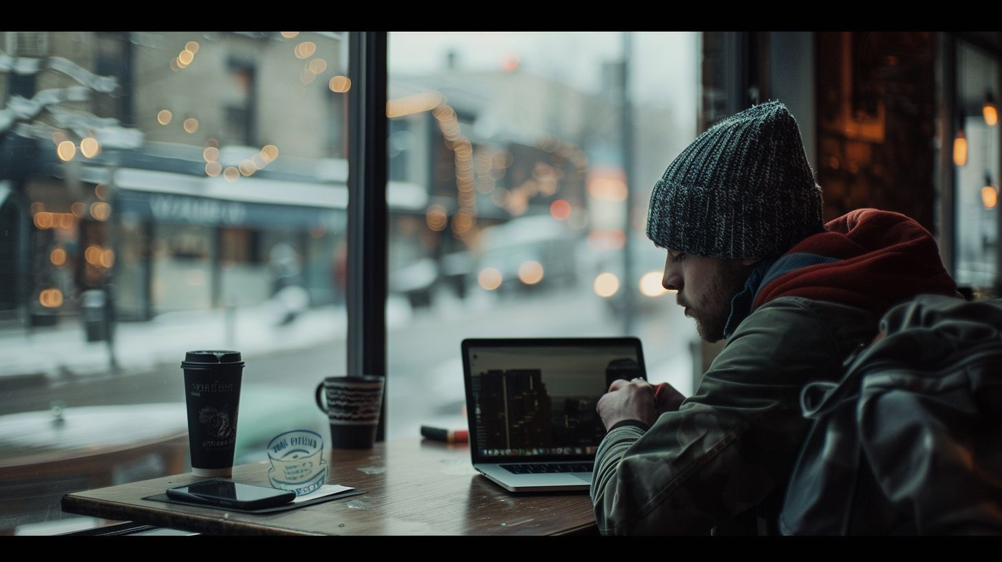 A web designer using schema markup code in an urban setting.
