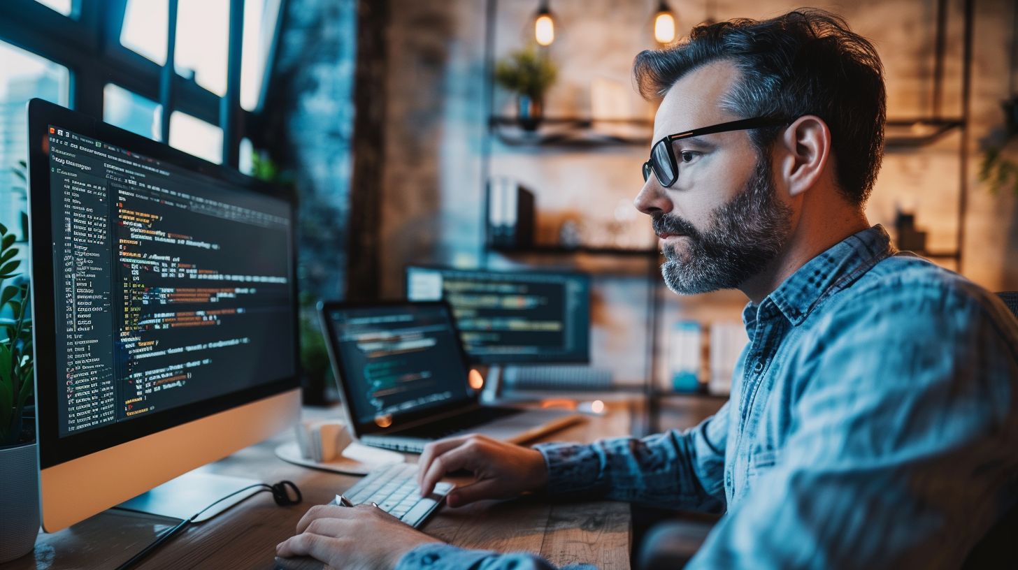 An expert web developer integrates structured data at a modern office.