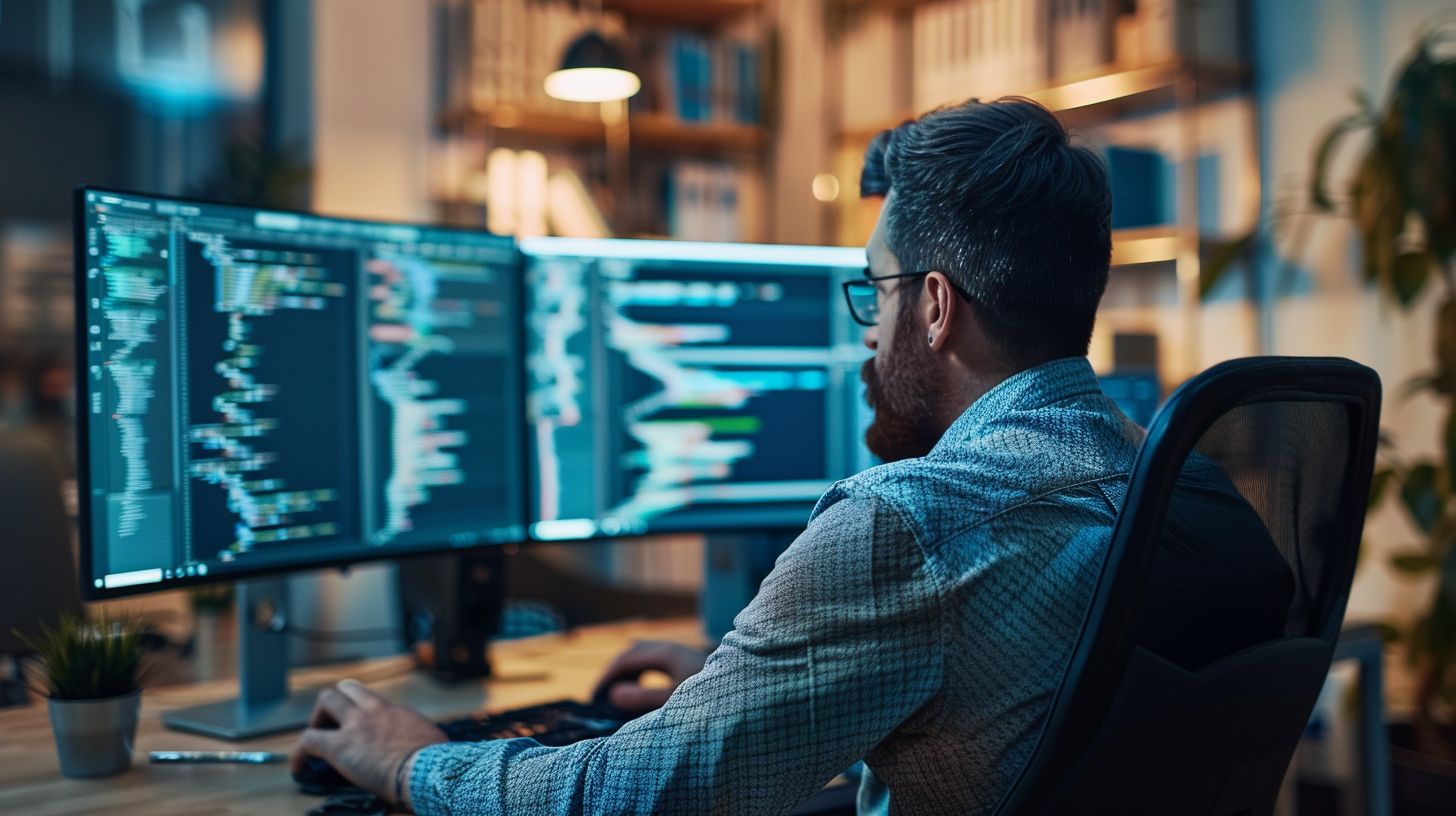 An expert web developer integrates structured data at a modern office.