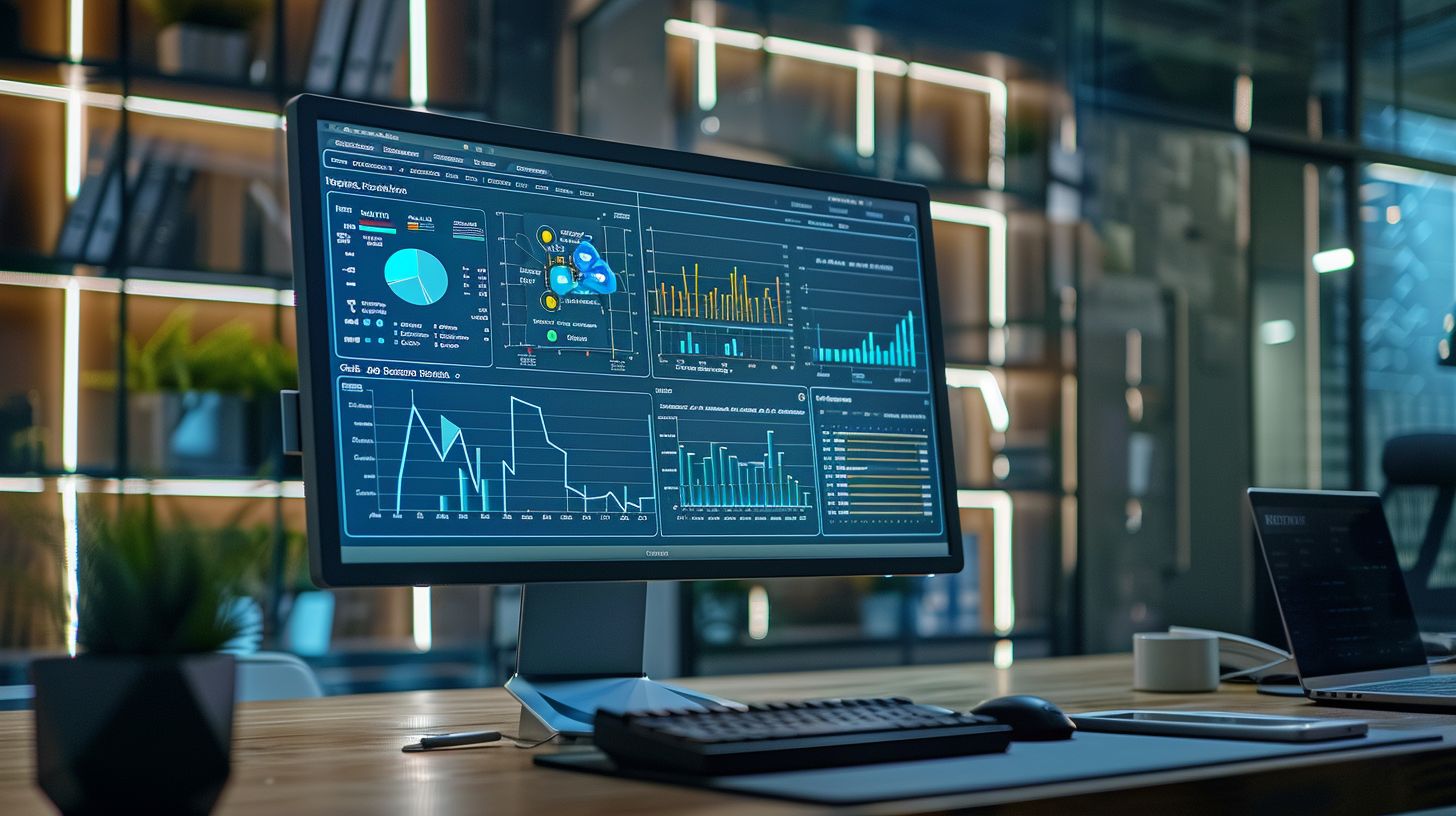 A computer monitor displaying video analytics and SEO tools in an office.
