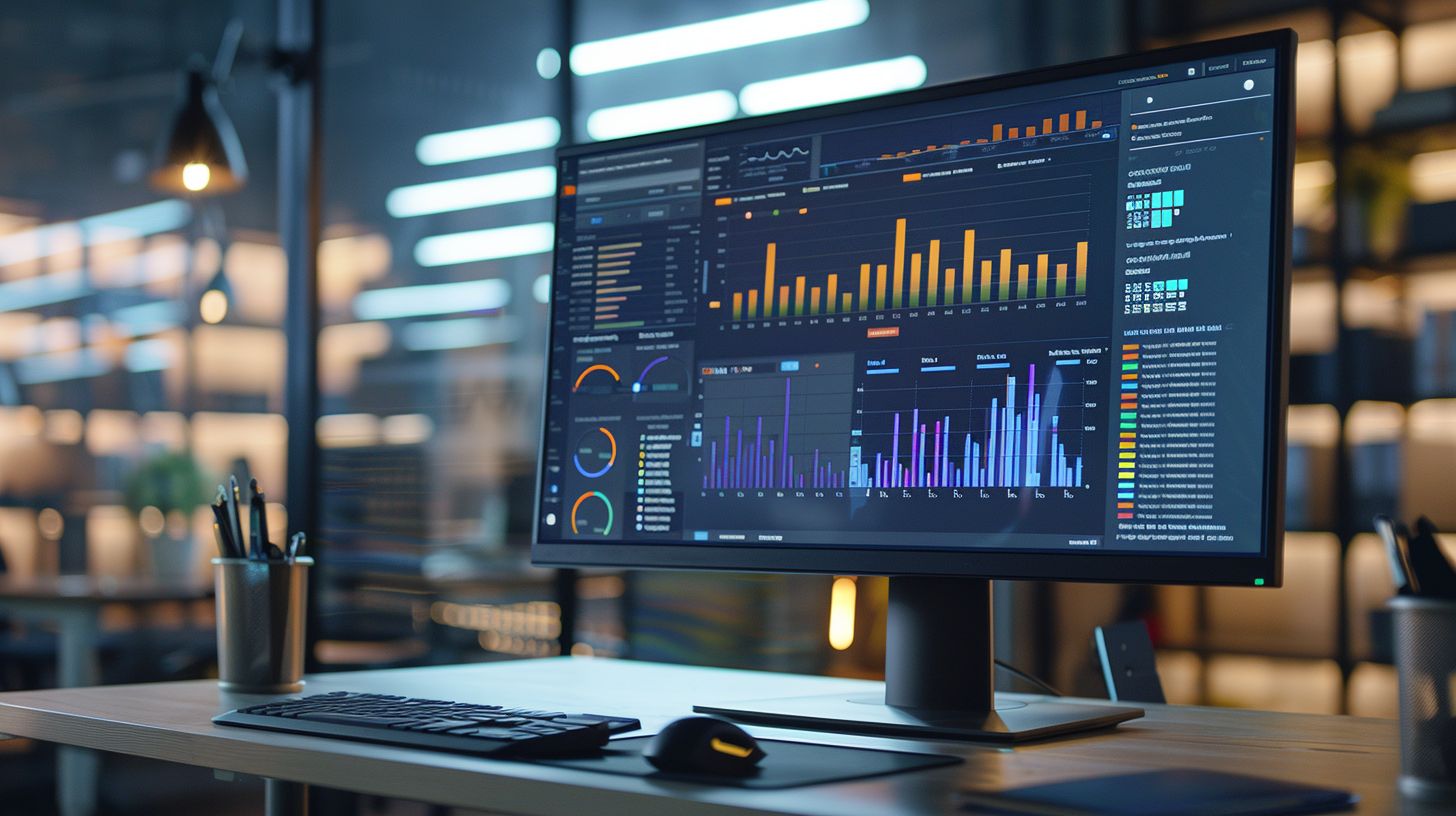 A computer monitor displaying video analytics and SEO tools in an office.