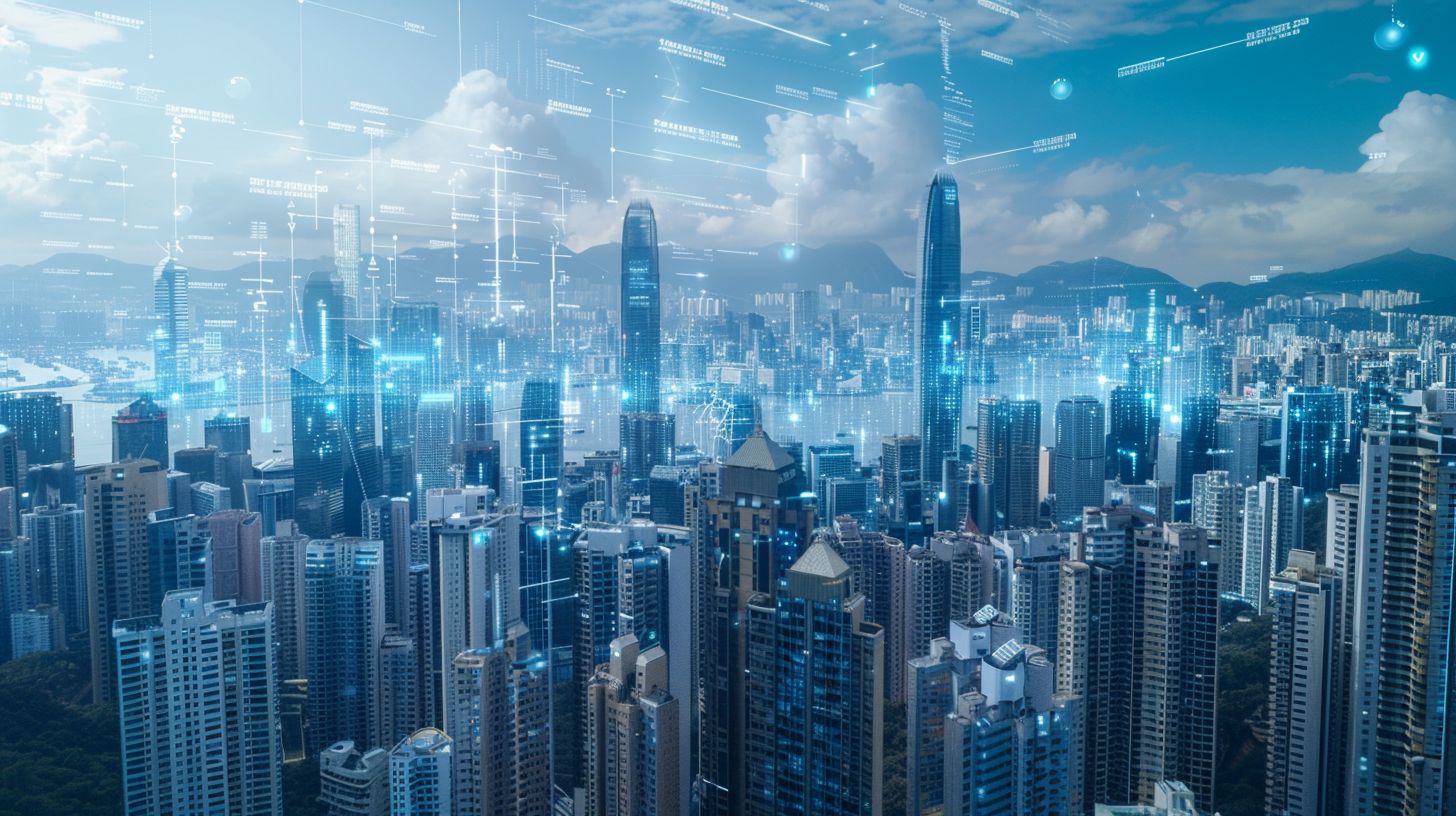An AI-powered SEO strategy depicted in a futuristic cityscape.