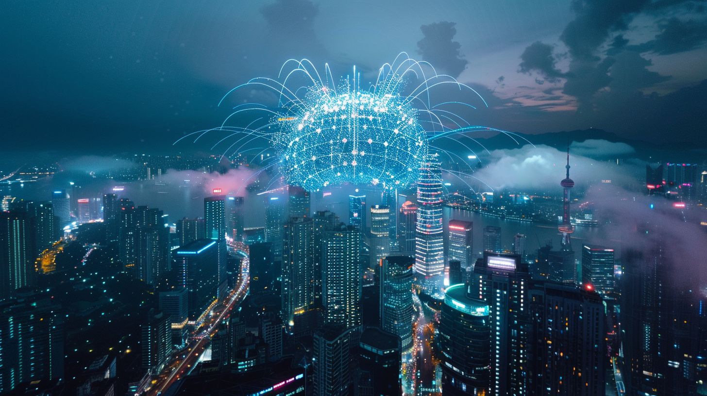 A futuristic city skyline with an algorithmic concept depicted from above.