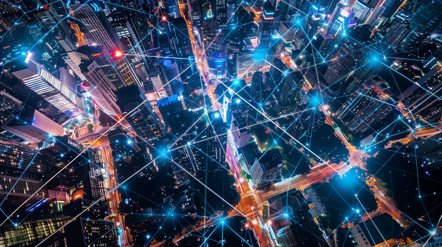 A futuristic city skyline with an algorithmic SEO concept depicted from above.