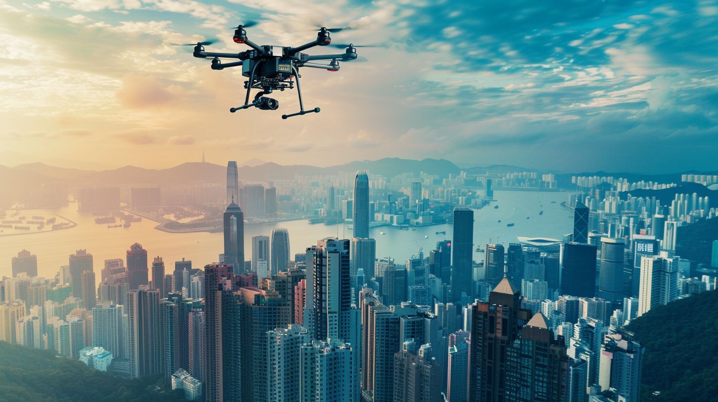 A futuristic city skyline with an algorithmic concept depicted from above.