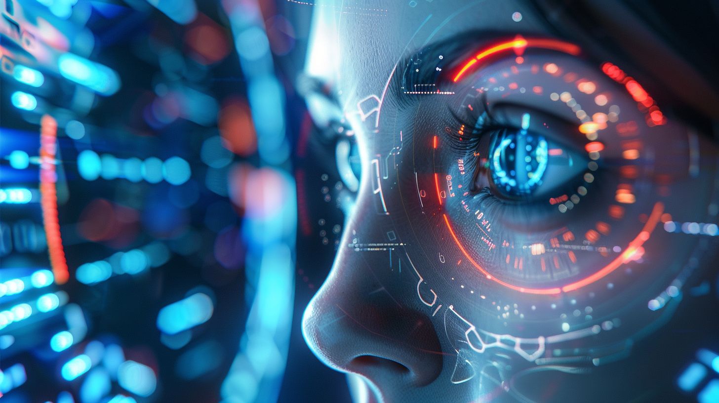 An AI algorithm analyzing search queries surrounded by futuristic technology.