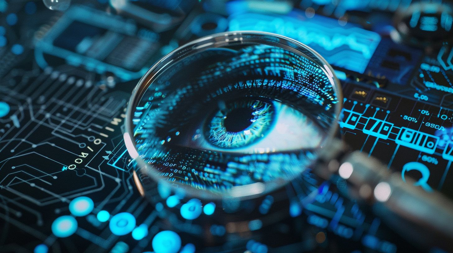 An AI algorithm analyzing search queries surrounded by futuristic technology.