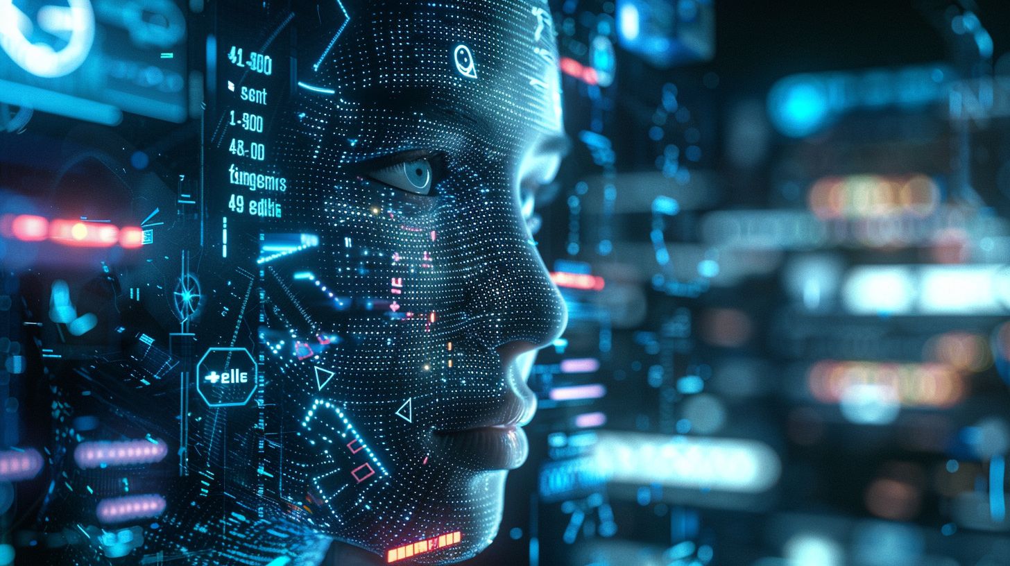 An AI algorithm analyzing search queries surrounded by futuristic technology.