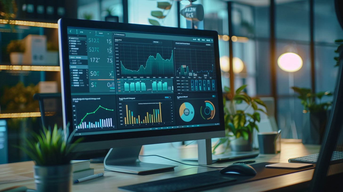 A computer screen displaying website analytics in a modern office setting.