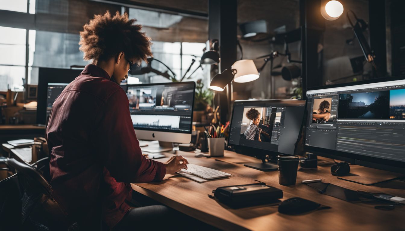 A person creatively repurposing video content in a vibrant workspace.