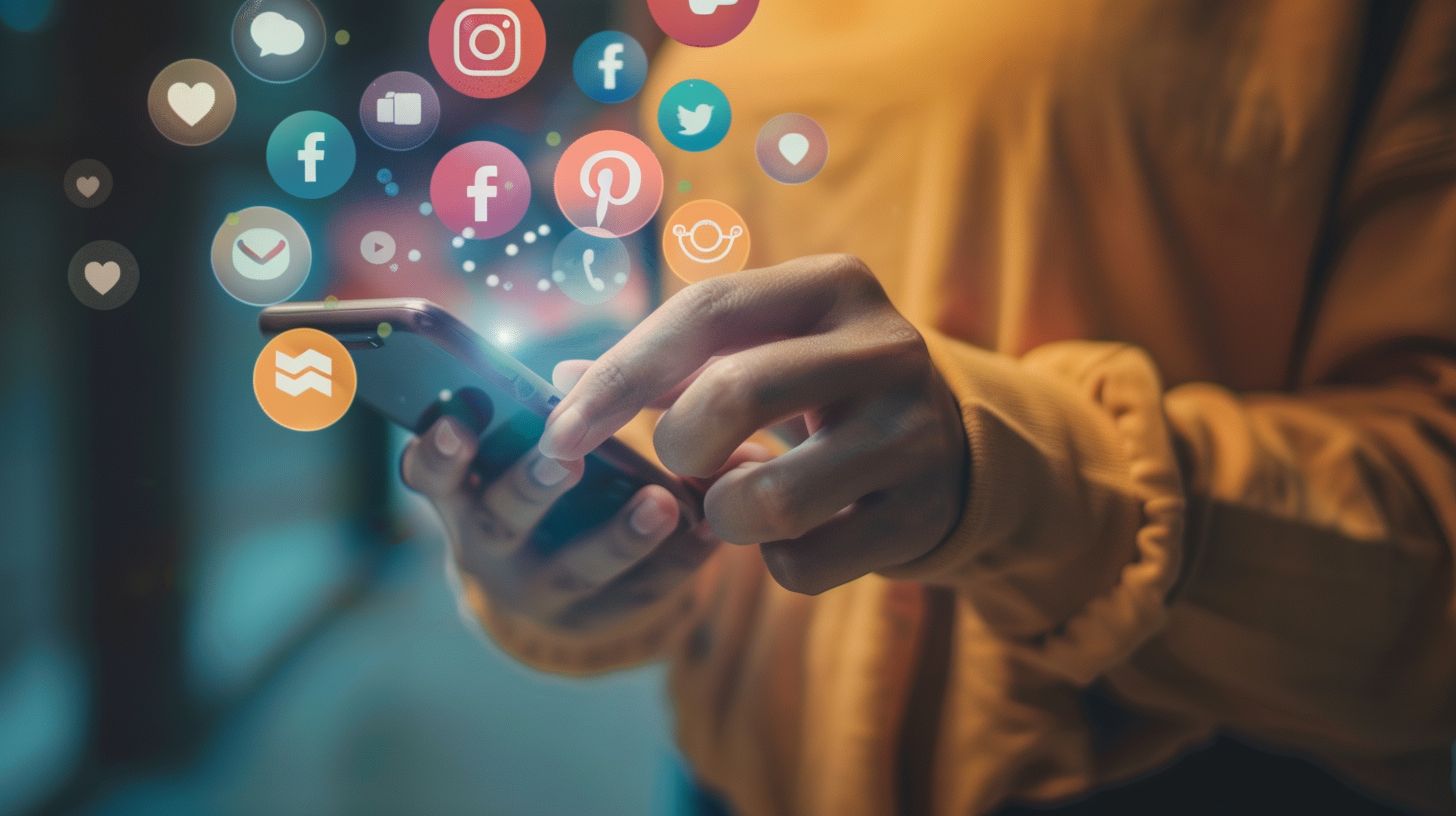 A person on a smartphone surrounded by social media icons.