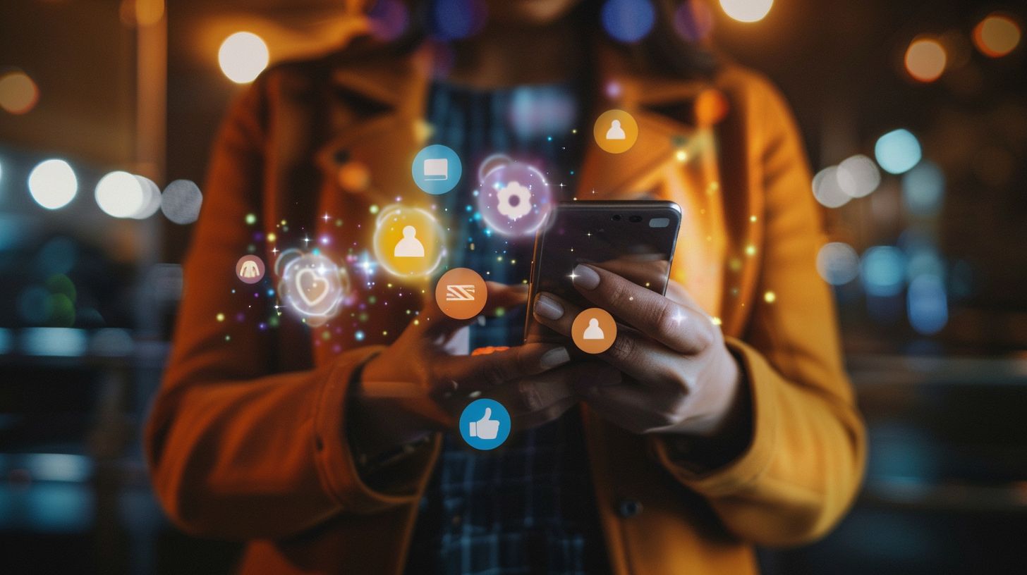 A person on a smartphone surrounded by social media icons.