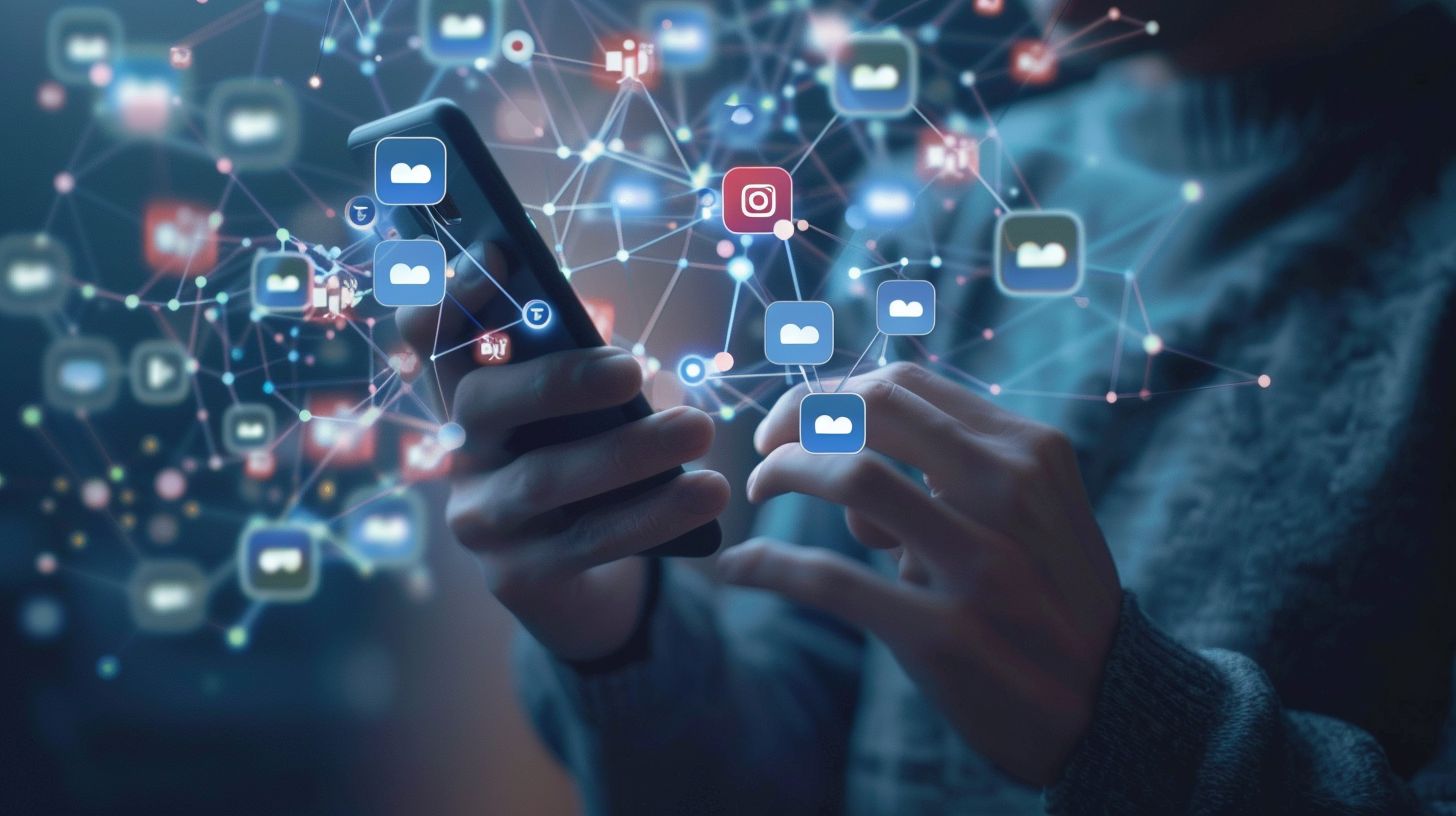 A person on a smartphone surrounded by social media icons.