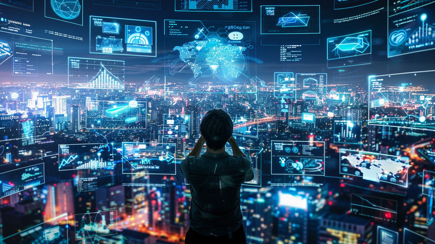 A person analyzing AI-generated content strategy surrounded by digital devices.
