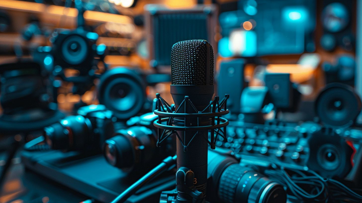 A microphone surrounded by modern technology in a cityscape photography. A microphone surrounded by modern technology in a cityscape photography.