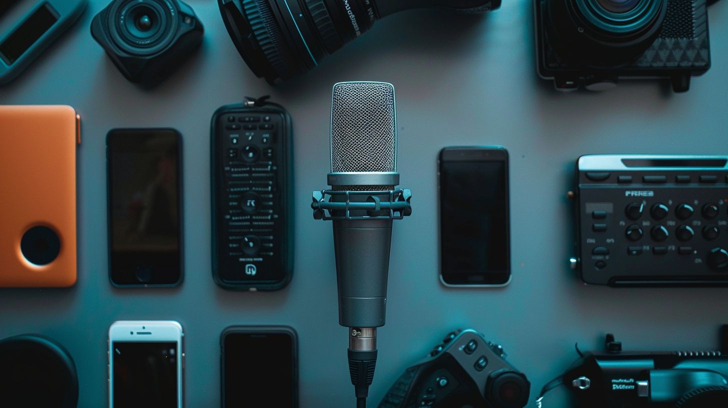 A microphone surrounded by modern technology in a cityscape photography. A microphone surrounded by modern technology in a cityscape photography.