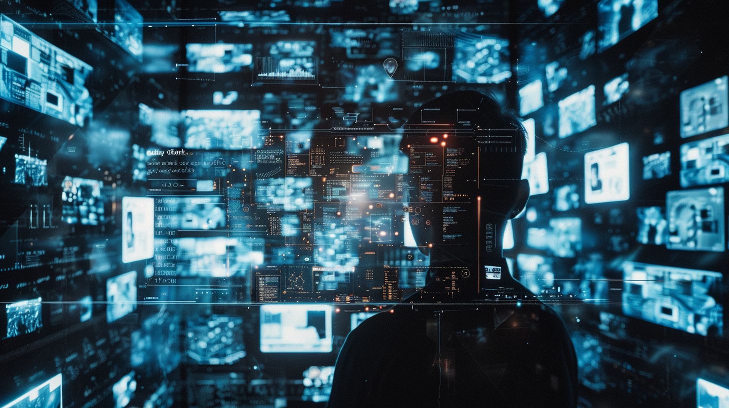 A collection of organized data and information surrounded by modern technology.