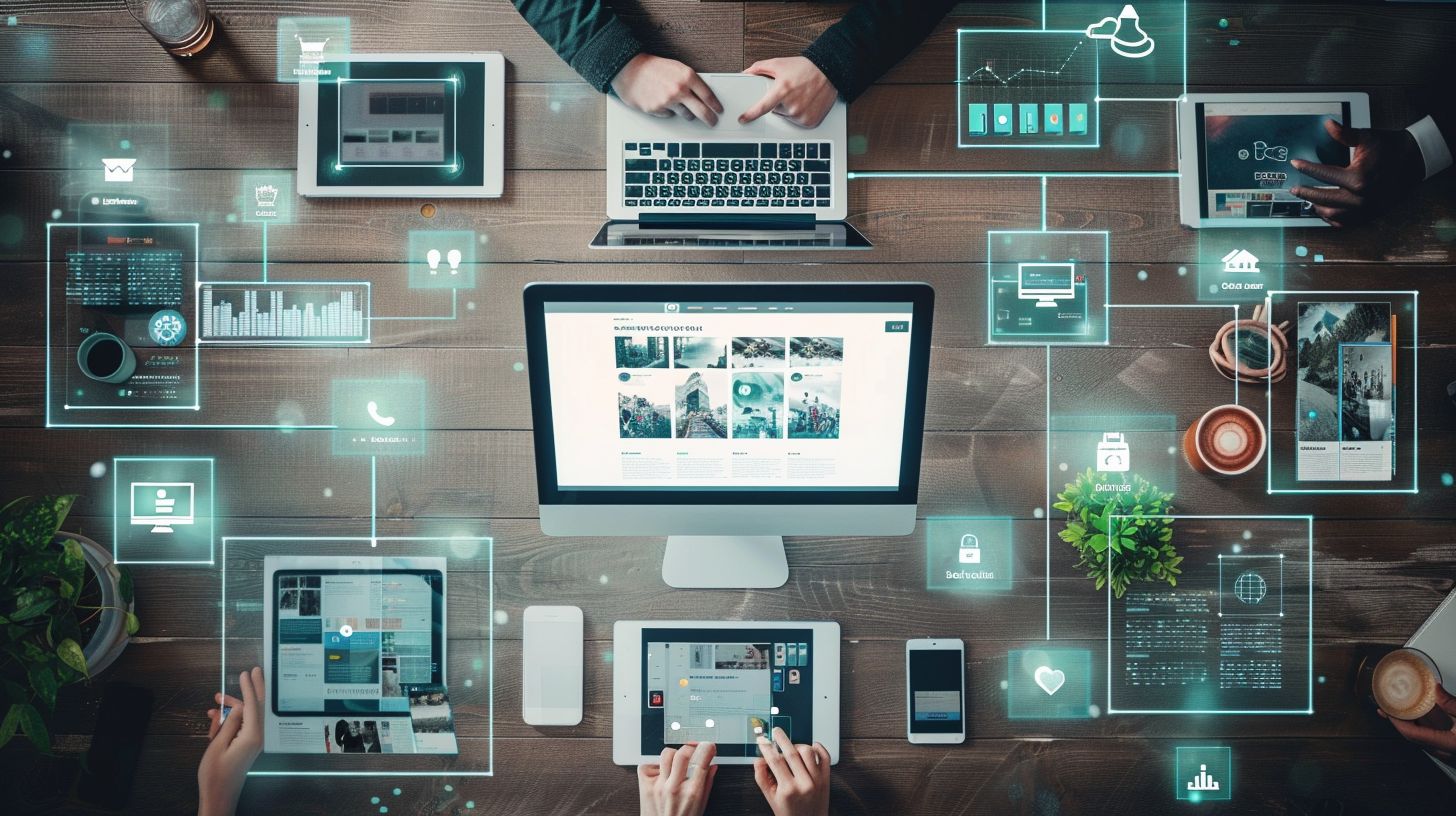 A website structure map surrounded by digital devices captured with a drone.