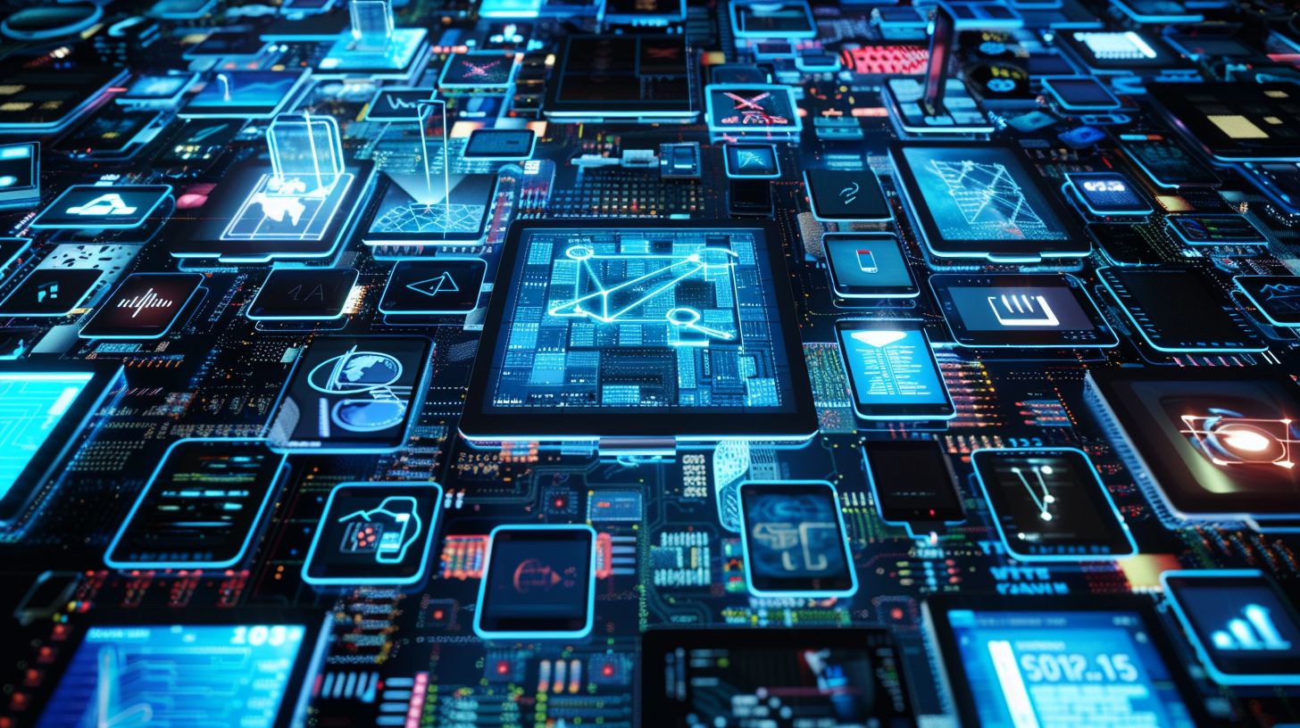 A website structure map surrounded by digital devices captured with a drone.