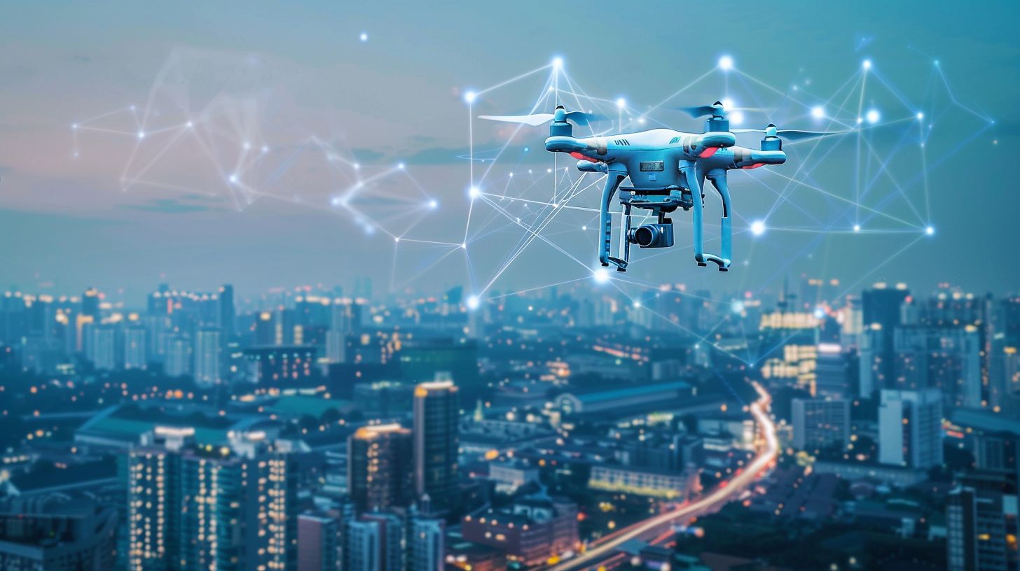 Drone captures futuristic city skyline with targeted keyword bubbles. Drone captures futuristic city skyline with targeted keyword bubbles.