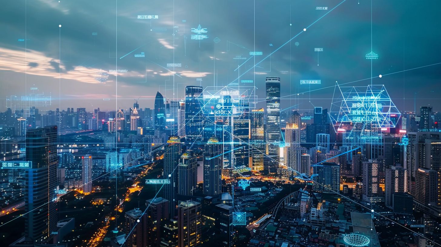 Drone captures futuristic city skyline with targeted keyword bubbles. Drone captures futuristic city skyline with targeted keyword bubbles.