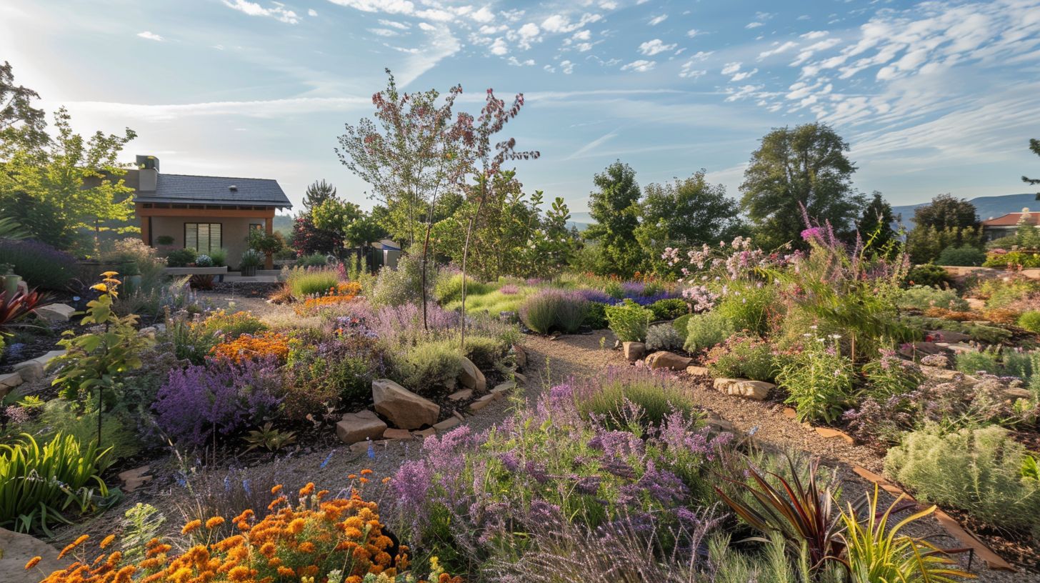 A fully blooming eco-friendly garden captured with a wide-angle lens.