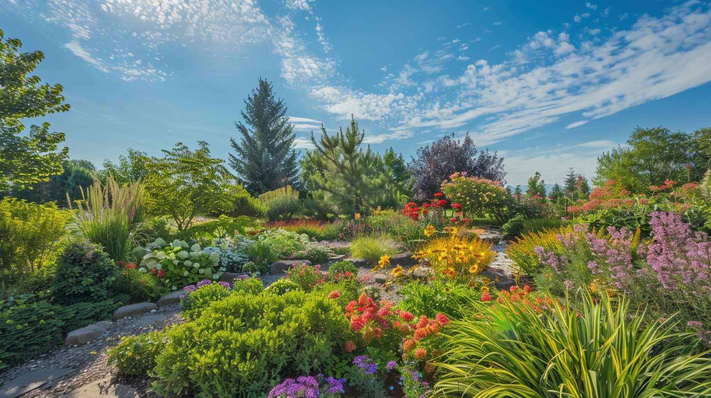 A fully blooming eco-friendly garden captured with a wide-angle lens.