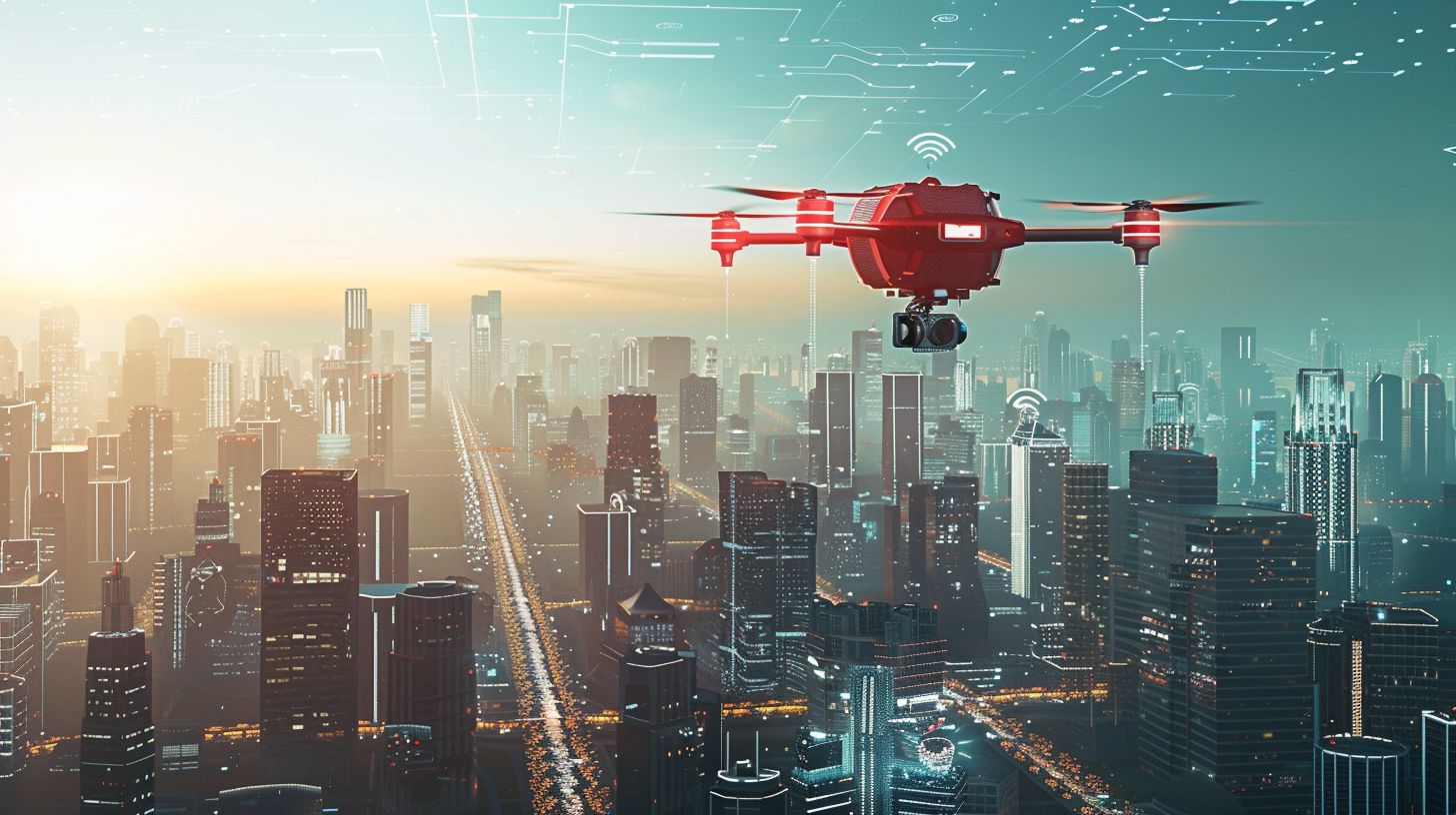 A drone captures a futuristic cityscape for an AI-powered search algorithm. A drone captures a futuristic cityscape for an AI-powered search algorithm.