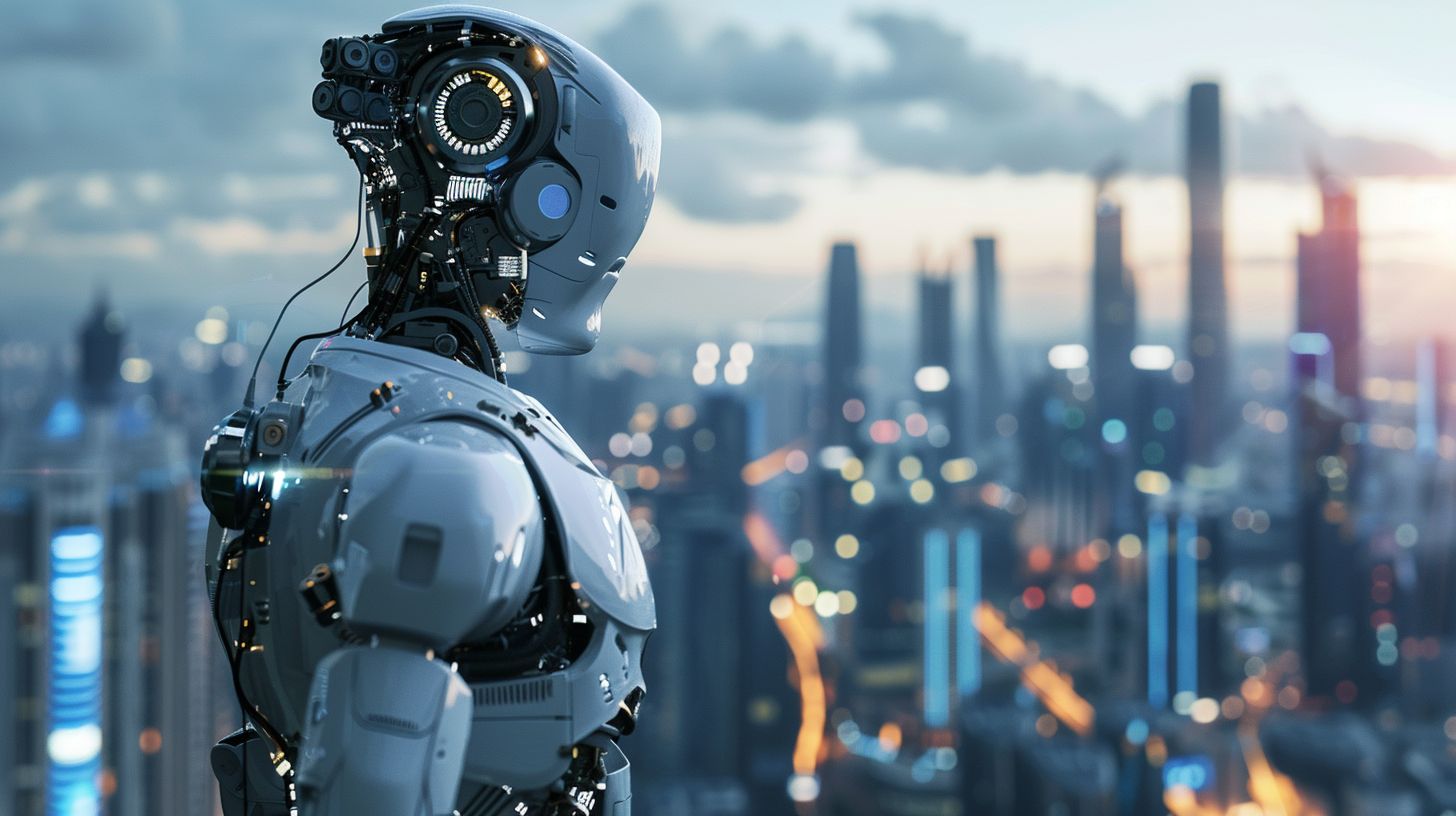 The image features a futuristic city skyline with AI robots.