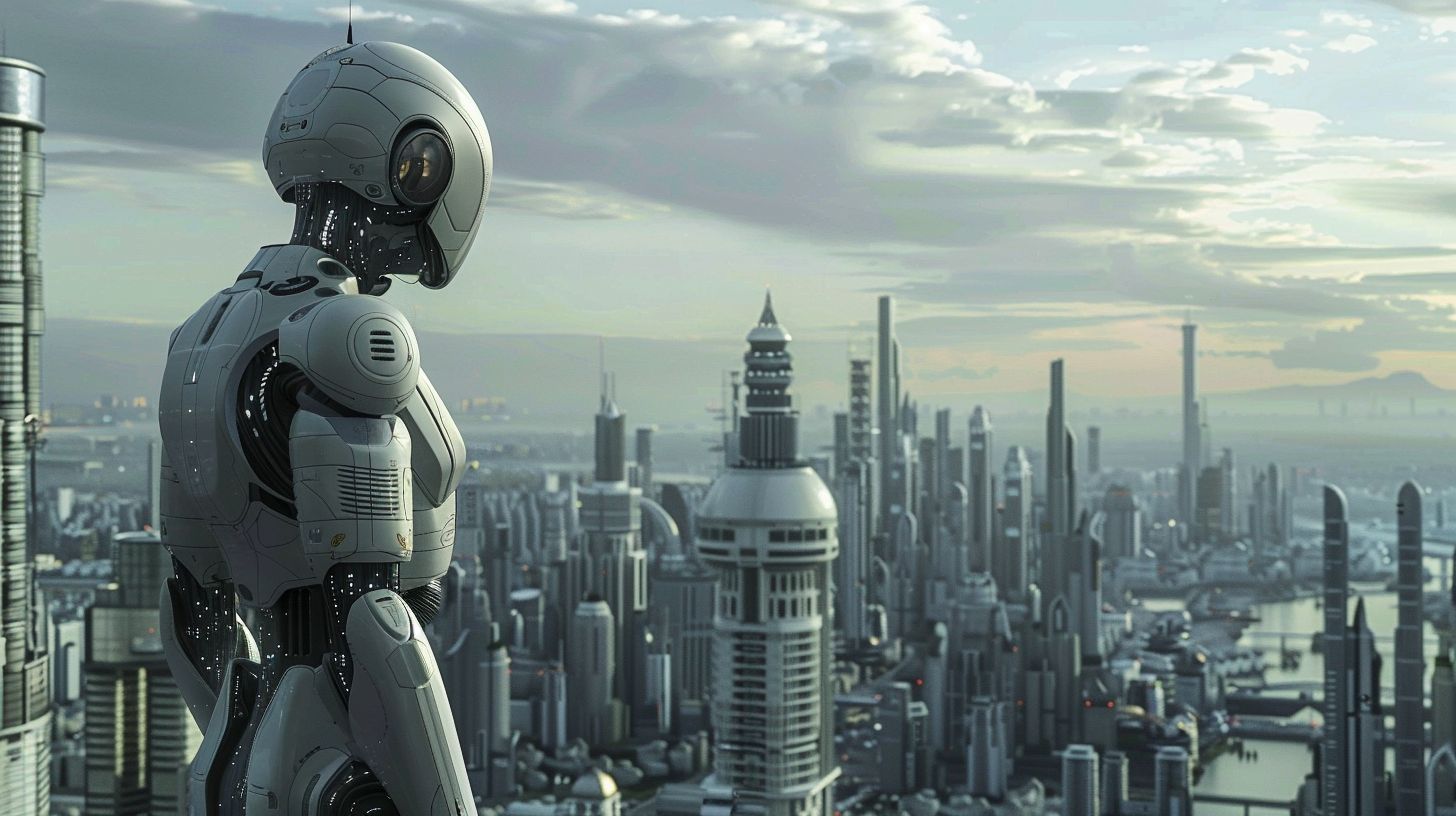 The image features a futuristic city skyline with AI robots.