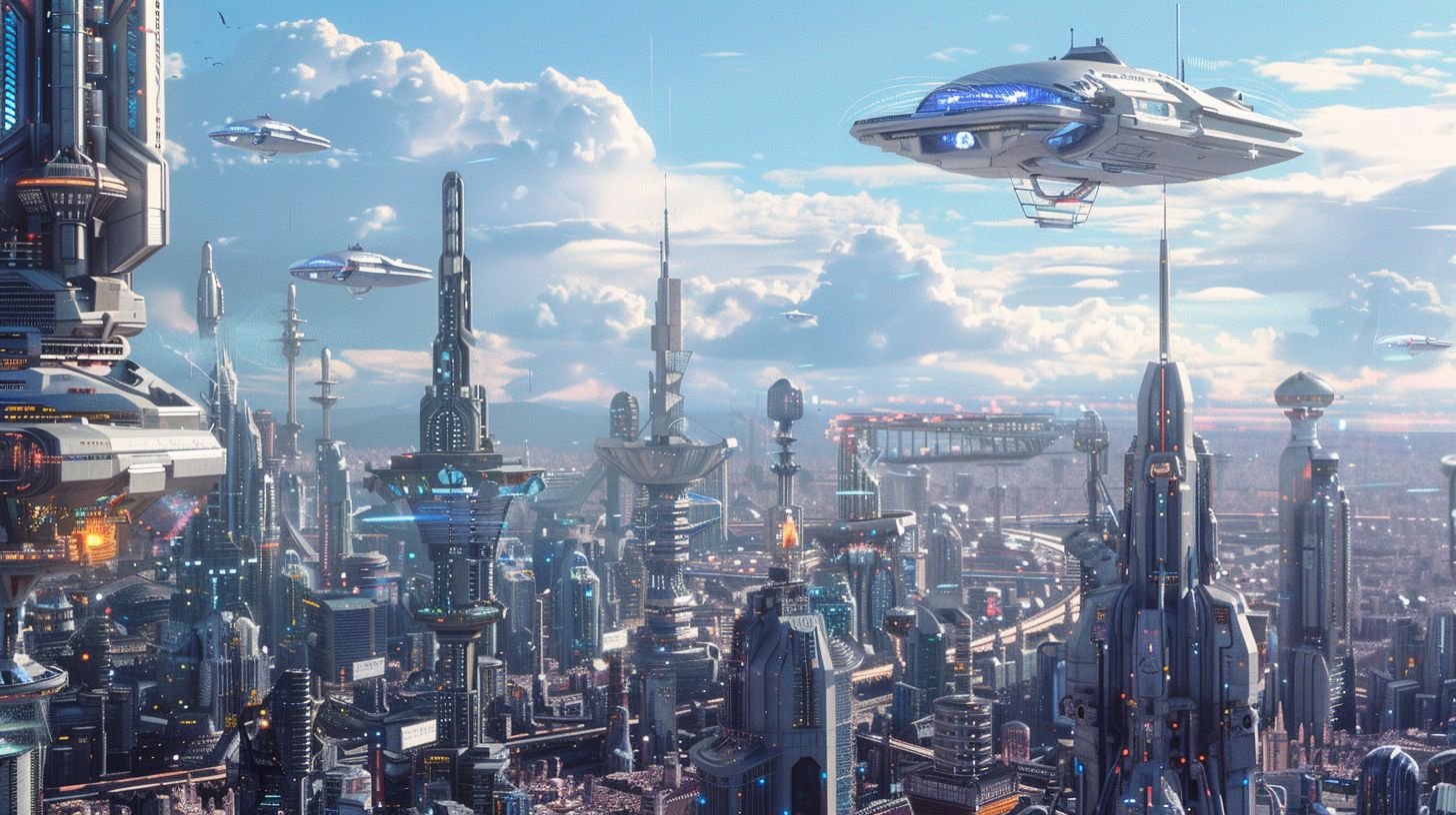 The image features a futuristic city skyline with AI robots.