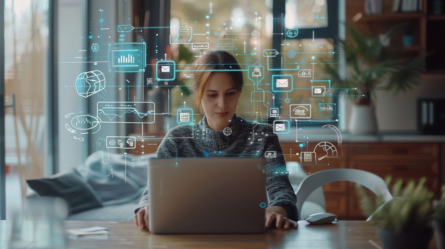A website owner works on a laptop with digital symbols around.