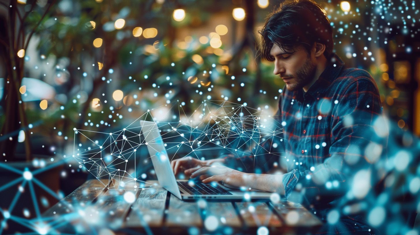 A website owner works on a laptop with digital symbols around.