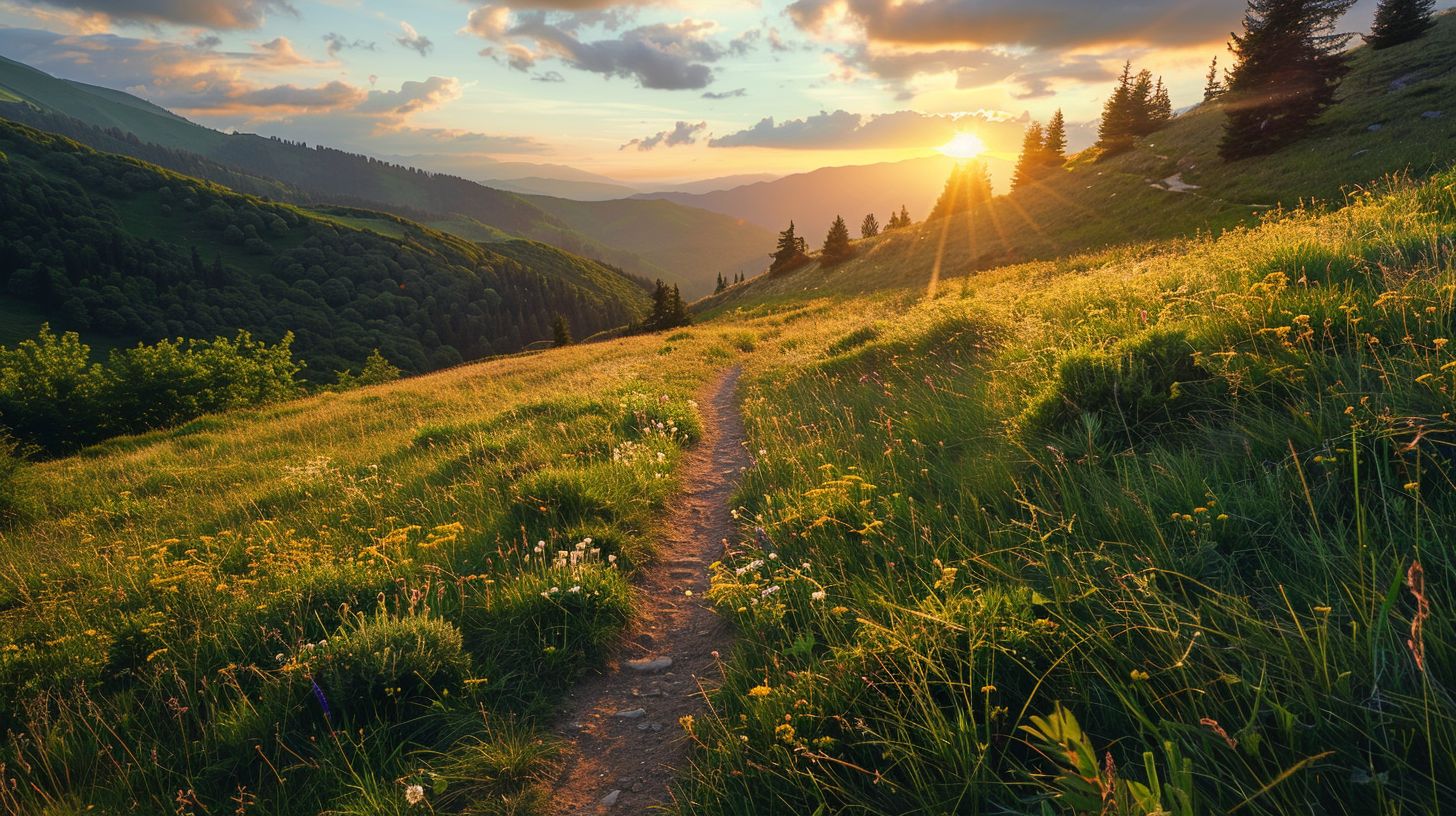 A serene mountain trail at sunrise, captured with a wide-angle lens. A serene mountain trail at sunrise, captured with a wide-angle lens.