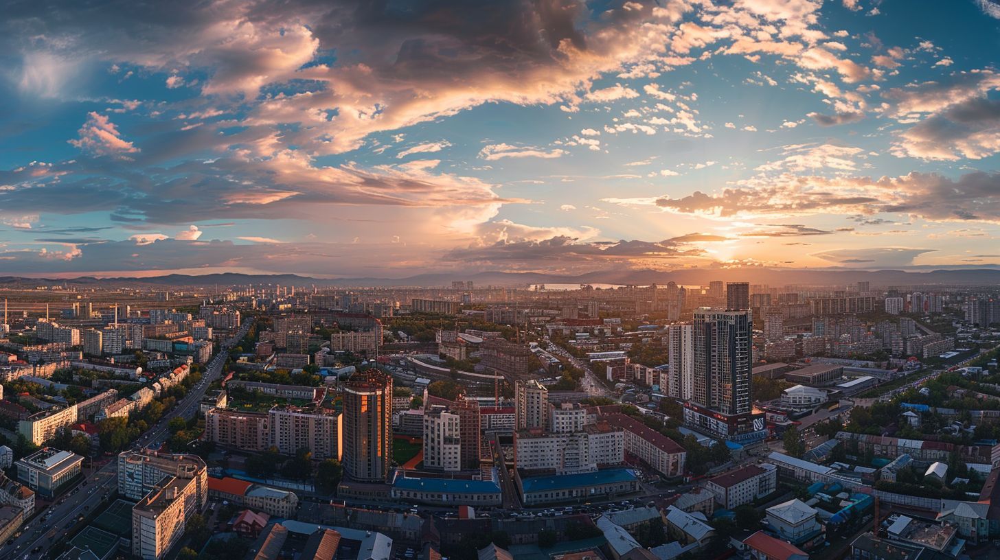 Aerial view of a bustling city captured with a wide-angle lens.