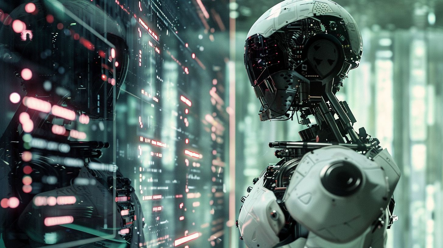A futuristic robot analyzing website data using advanced technology.