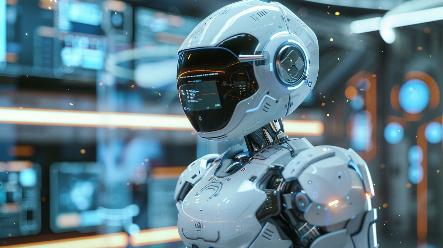 A futuristic robot analyzing website data using advanced technology.