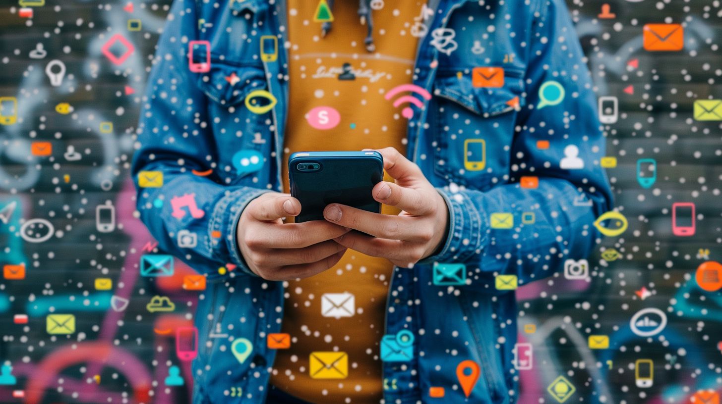 A person surrounded by app icons using a mobile phone. A person surrounded by app icons using a mobile phone.