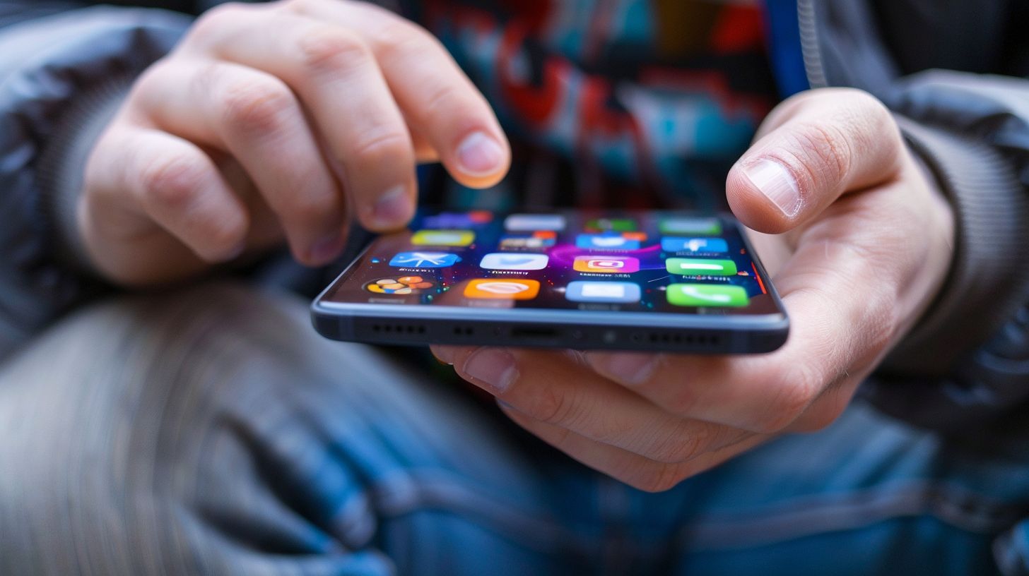 A person surrounded by app icons using a mobile phone. A person surrounded by app icons using a mobile phone.