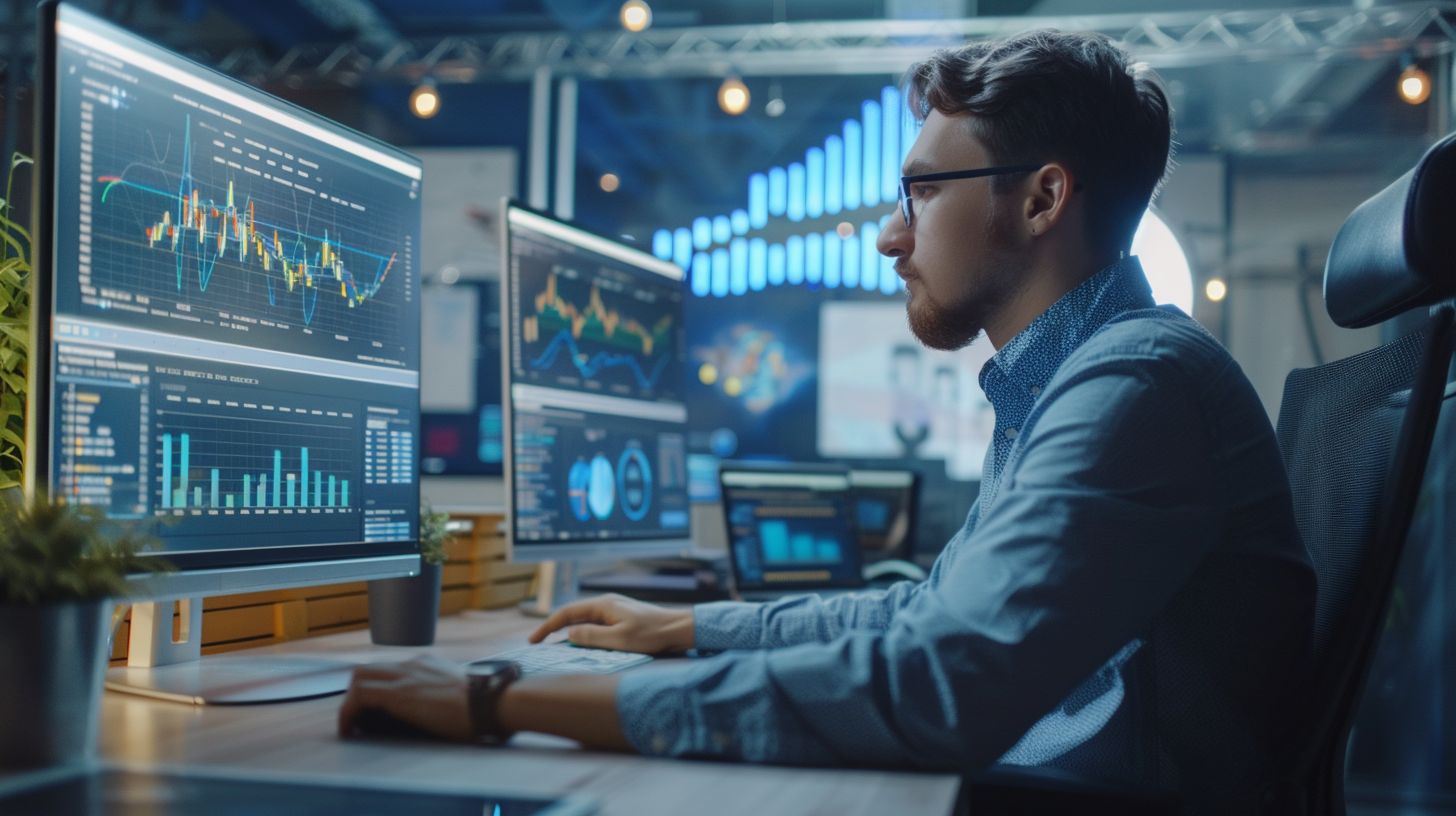 A person analyzing search engine results in a fast-paced office environment.
