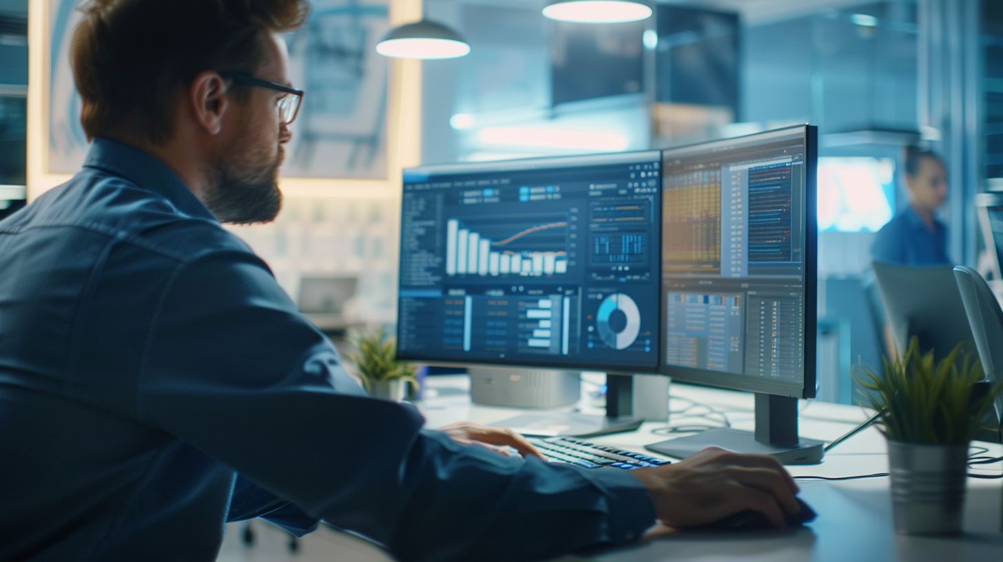 A person analyzing search engine results in a fast-paced office environment.