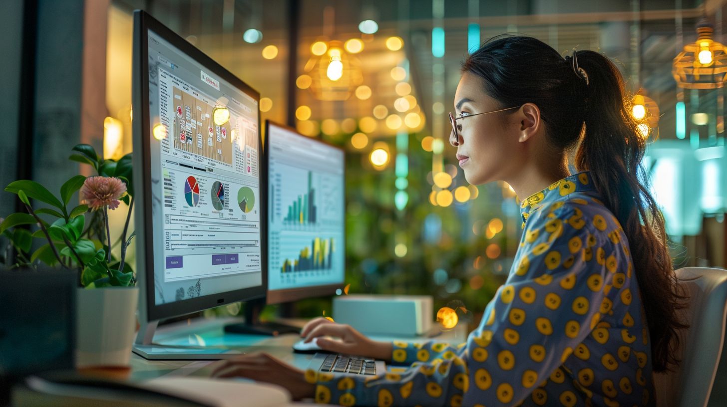 A person analyzing search engine results in a fast-paced office environment.
