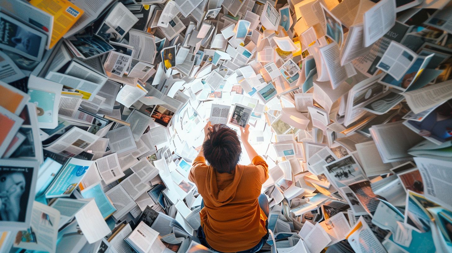Person surrounded by search engine results, demonstrating vastness of information.