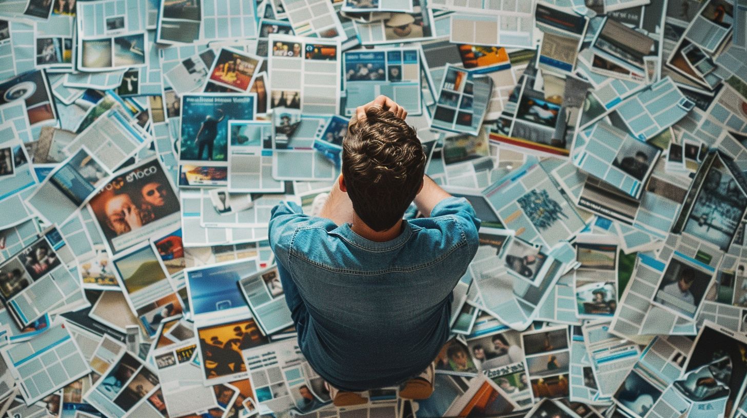 Person surrounded by search engine results, demonstrating vastness of information.