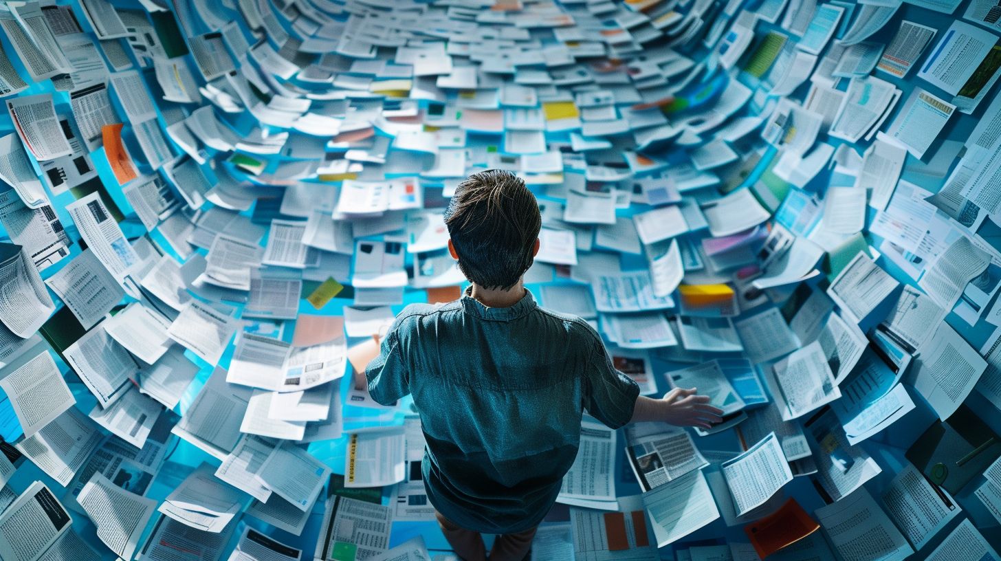 Person surrounded by search engine results, demonstrating vastness of information.