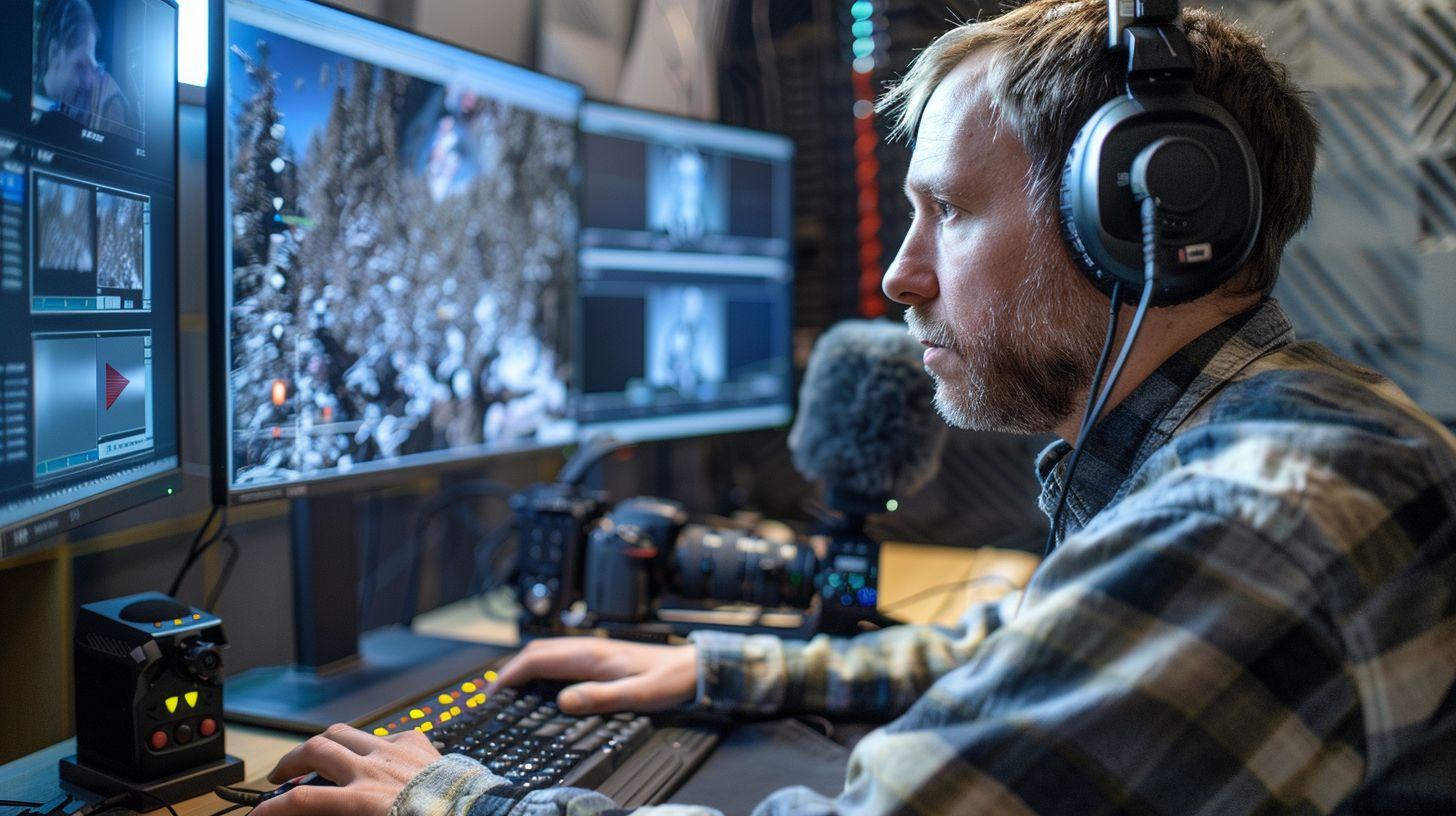 A person analyzing video analytics on a computer monitor using a DSLR camera.
